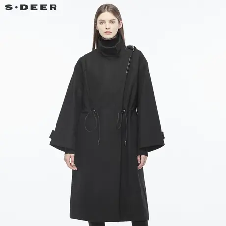 sdeer圣迪奥酷感宽松抽绳立领暗扣黑色中长款毛呢大衣女S18481820图片