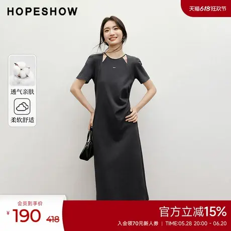 红袖outlets2025夏季新款女装泡泡袖收腰设计感圆领套头连衣裙图片