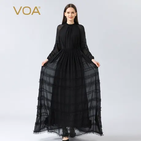 VOA真丝黑色乔其立领灯笼长袖褶皱拼接立体装饰蛋糕桑蚕丝连衣裙图片