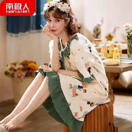 睡裙女夏季纯棉短袖薄款女士孕妇夏天大码性感荷叶边睡衣女款夏款图片