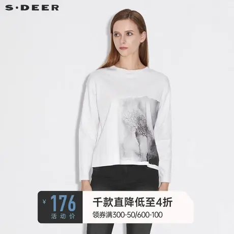 sdeer圣迪奥女装春秋装宽松圆领水墨晕染白色长袖T恤S21380206商品大图