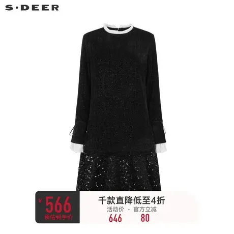 sdeer圣迪奥女装木耳边圆领欧根纱丝绒连衣裙S241Z1244图片