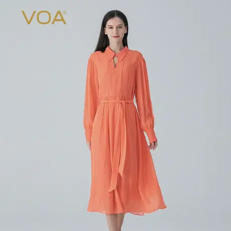 VOA桑蚕丝乔其柚橙色翻领衬衫袖立体褶皱宽松腰双层真丝连衣裙图片