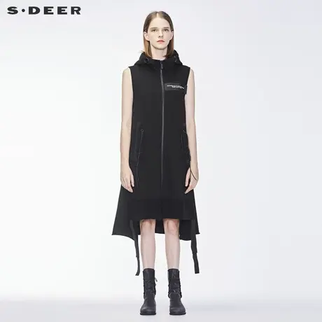sdeer圣迪奥2019春装女酷感前卫连帽长款字母飘带马甲S18381611商品大图