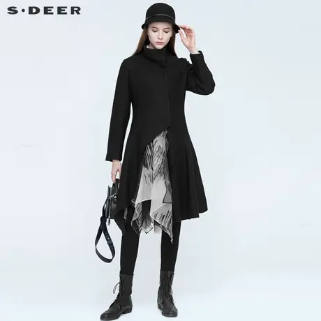 sdeer圣迪奥冬季时尚立领不规则拼接长款毛呢大衣女S20481826图片
