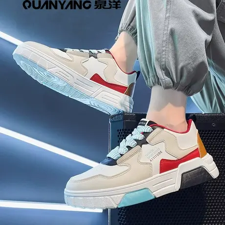 泉洋德训男鞋春季潮流百搭休闲平板鞋青少年皮面防水运动小白潮鞋图片