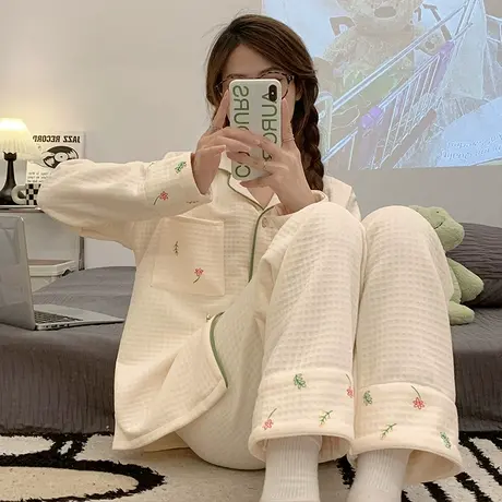猫人睡衣女款冬季空气棉纯棉夹层加厚春秋长袖新款卡通家居服套装商品大图