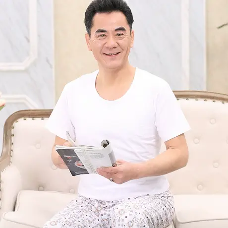 春夏季中年人短袖男T恤中年爸爸装纯全棉色宽松上衣打底汗衫大码图片