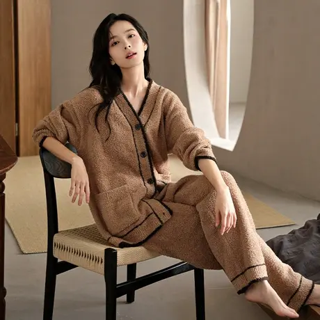 婷美珊瑚绒睡衣女士冬天加绒加厚长袖睡衣半边绒家居服秋季套装女图片