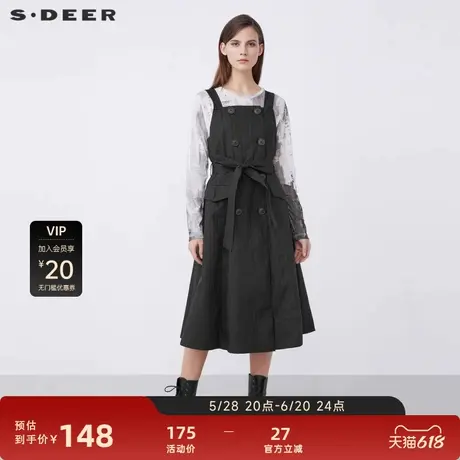 sdeer圣迪奥女装复古休闲双排扣收腰背带连衣裙S21381212图片