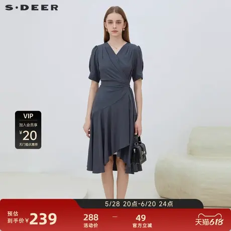 sdeer圣迪奥女装OL风V领收腰拼接不规则连衣裙S223Z121B图片