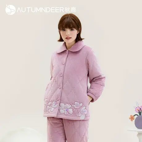 秋鹿冬季睡衣女款开衫珊瑚绒三层加厚夹棉休闲家居服女秋冬两件套图片