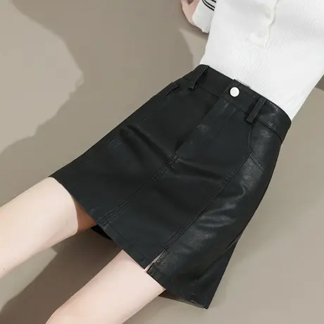 皮裙短裙女2025秋季新款高腰休闲开叉百搭显瘦a字pu包臀半身裙子图片