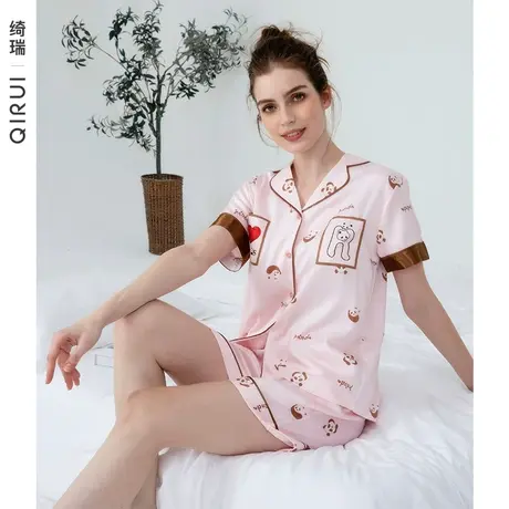 【冰凉感】绮瑞睡衣女夏冰丝薄款短袖短裤甜美开衫女款家居服套装图片