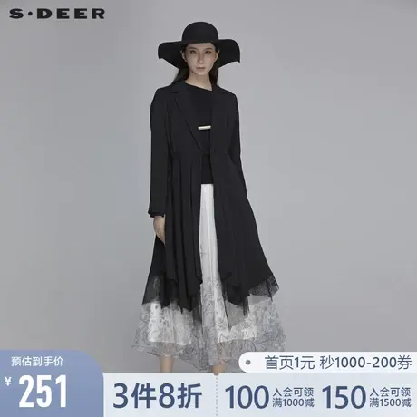 sdeer圣迪奥春秋女装蕾丝拼接收腰中长款翻领黑色风衣S20181808图片