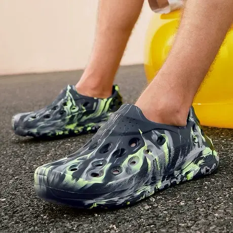 Skechers斯凯奇泡泡鞋夏男一脚蹬洞洞鞋外穿沙滩鞋踩屎感包头拖鞋图片