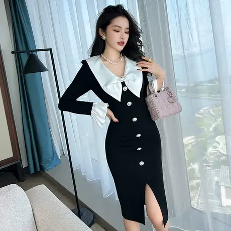 法式喇叭袖聚会礼服裙高端轻奢小众秋冬季气质显瘦包臀黑色连衣裙图片