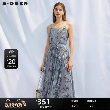 sdeer圣迪奥女装清新印花收腰压褶吊带连衣裙S23281221图片