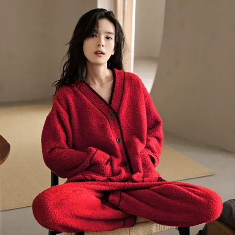 婷美冬季睡衣女士半边绒秋冬天保暖加厚开衫珊瑚绒家居服保暖套装图片