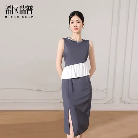 2025新款连衣裙时髦港风黑色无袖荷叶边假两件过膝中长款裙子图片