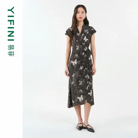 [专柜同款]Yifini/易菲一片式系带收腰V领真丝印花气质短袖连衣裙图片