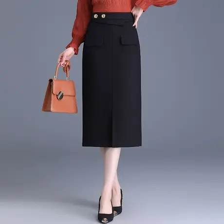 时尚通勤黑色开叉包臀裙女2023秋季新款遮胯显瘦中长半身裙一步裙图片