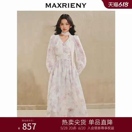 MAXRIENY浪漫复古氛围感连衣裙24秋新款玫瑰印花长裙v领收腰图片
