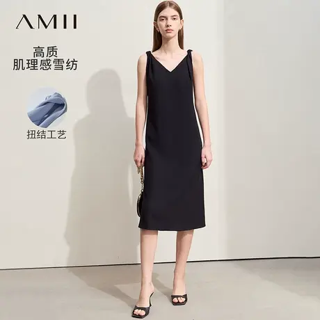 Amii2025夏新款通勤V领扭结无袖背心裙连衣裙女露背宽松雪纺裙子图片