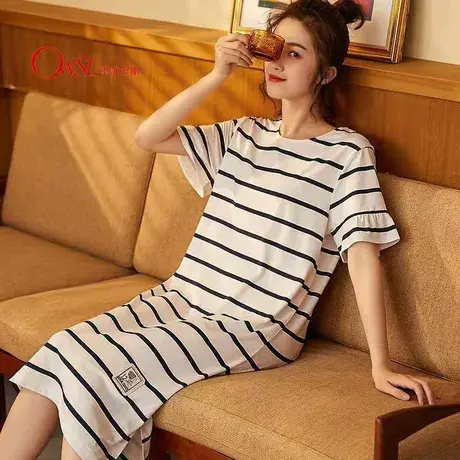 棉睡裙女夏季韩版条纹短袖圆领宽松简图片
