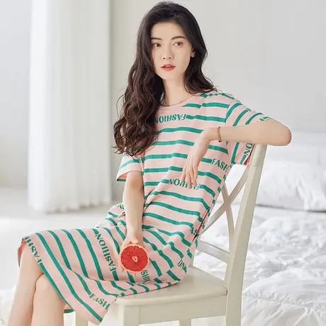 浪莎睡裙女夏季新款纯棉短袖睡衣女宽松休闲家居服套装可外穿图片