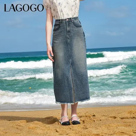 LAGOGO气质开衩半身裙女拉谷谷夏季新款高腰流苏百搭A字牛仔裙图片