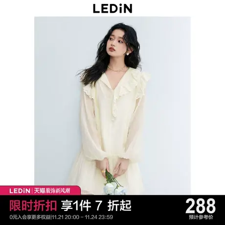 乐町甜美减龄娃娃裙2023年夏季新款V领蕾丝连衣裙气质长袖连衣裙图片