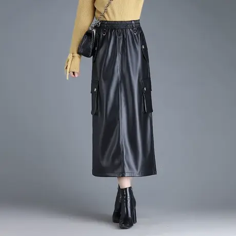 黑色工装PU皮裙半身裙女2023秋季新款松紧腰一步裙休闲筒裙中长裙图片