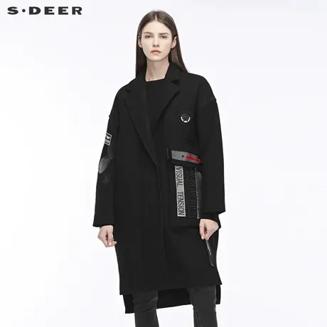 sdeer圣迪奥布贴装饰前短后长开衩摆羊毛毛呢大衣外套女S18481885图片