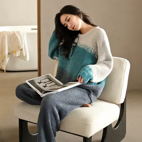 婷美珊瑚绒睡衣女冬季长袖套头保暖睡衣半边绒家居服秋冬款套装女图片