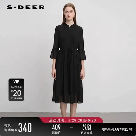 sdeer圣迪奥女装淡人穿搭OLV领风琴褶不规则雪纺连衣裙S242Z12M6图片