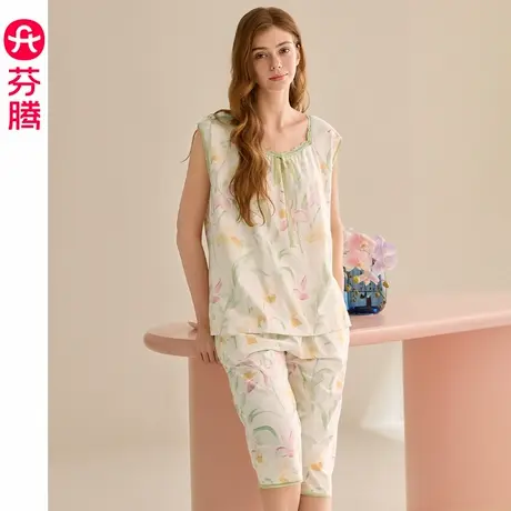 芬腾夏季女士睡衣纯棉薄款背心无袖七分裤女款大码家居服夏天套装图片