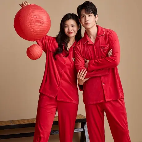 秋鹿【抗静电】睡衣结婚新婚情侣套装女春秋款红色本命年家居服男图片
