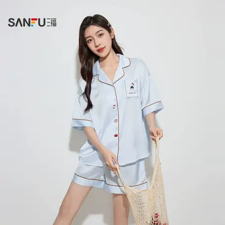 三福女秋季卡通翻领睡衣套装 甜美宽松柔滑短袖家居服504364图片