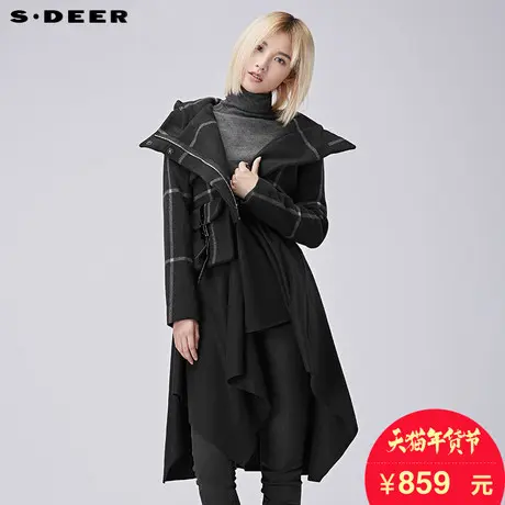 sdeer圣迪奥2018冬装设计感上下拼接格纹连帽毛呢大衣女S16481702图片