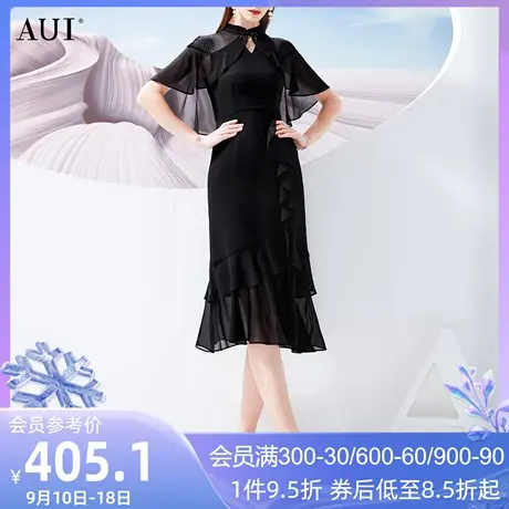 AUI黑色旗袍改良雪纺连衣裙女2023夏新款中式气质盘扣修身鱼尾裙图片