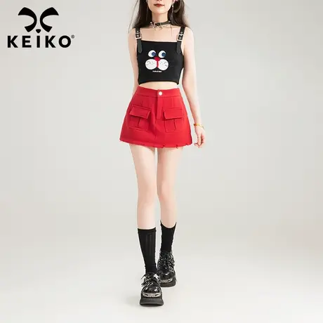 【呼呼严选专享】KEIKO 2025夏季工装口袋红色牛仔短裙裤裙图片