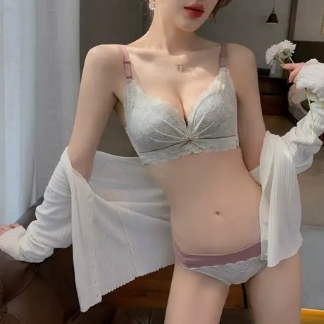 调整型内衣聚拢显大收副乳防下垂甜美蕾丝女小胸罩无钢圈文胸套装图片
