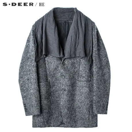 S.Deer/He圣迪奥复古低调灰可拆卸围巾领毛呢大衣外套H15471743图片