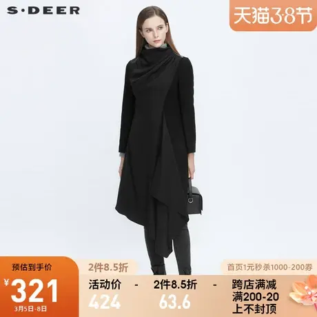 sdeer圣迪奥冬季女装休闲立领拼接不规则黑色毛呢大衣S20481839图片