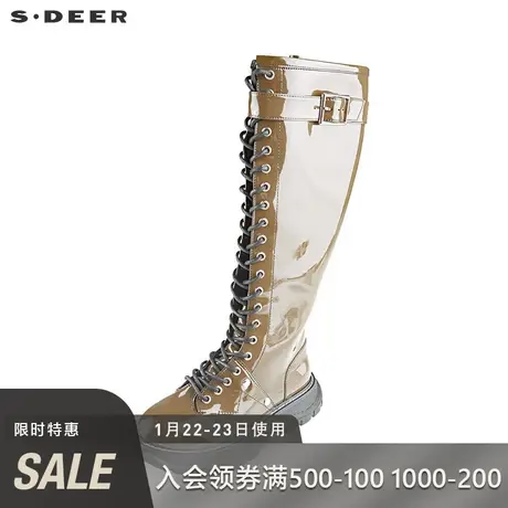 sdeer圣迪奥女装冬季新品酷感亮面绑带漆皮高筒靴骑士靴S21483951图片