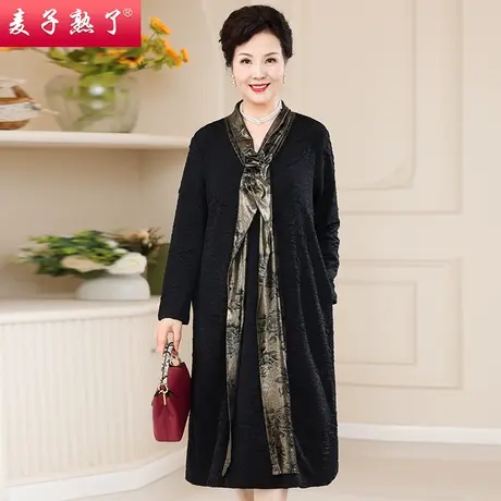 中老年人女胖妈妈装假两件中长款连衣裙2023秋季新款妈妈装春裙子图片