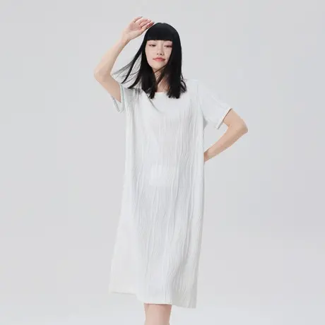 艾莱依T恤连衣裙女夏季新款圆领短袖时尚简约日常通勤肌理感长裙图片