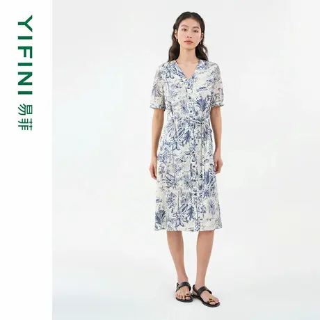 [专柜同款]Yifini/易菲法式气质植物印花系带收腰V领优雅连衣裙女图片