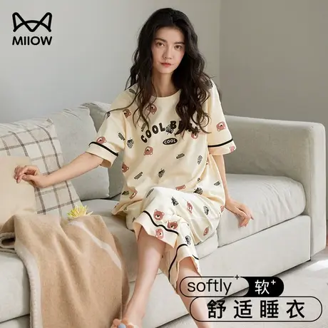 猫人纯棉睡衣女款夏季短袖薄款可爱透气可外穿宽松大码七分裤套装图片